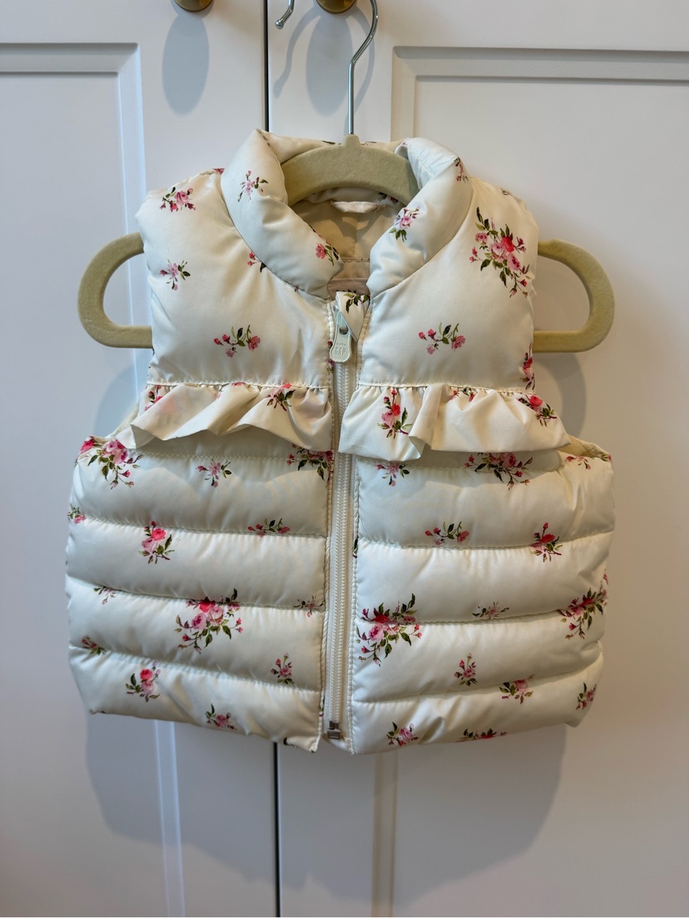 Baby Gap Girls Floral Puffer Vest Ruffle Ivory Pink 6- 12 M